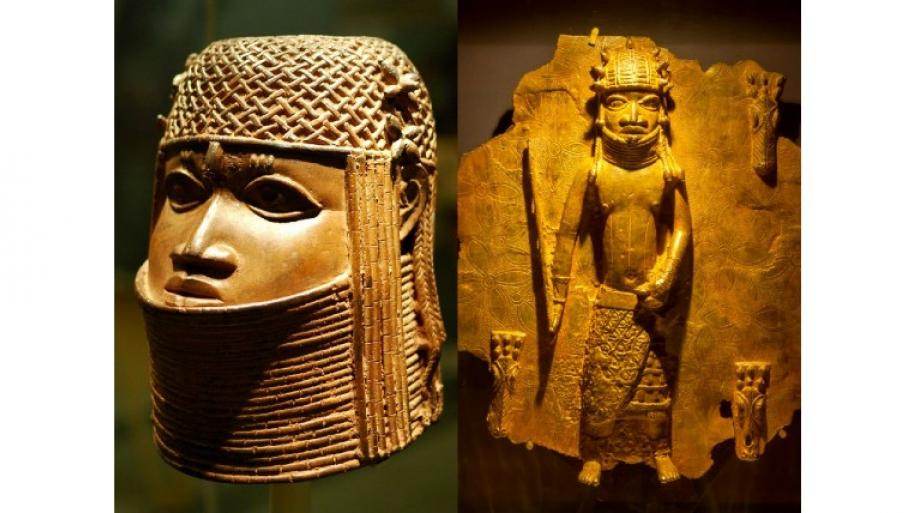 zwei Stücke aus der deutschen Raubkunst-Sammlung der Benin-Bronzen: links der Kopf eines Königs, rechts ein Ganzkörperskulptur