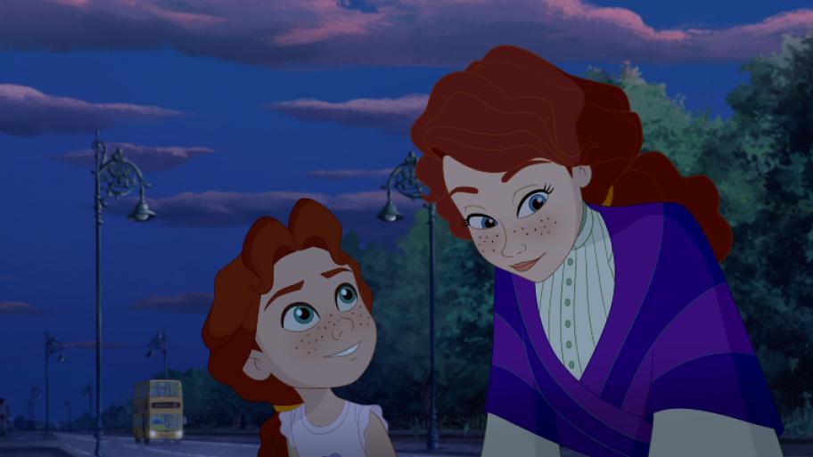 zwei weiße animierte Mädchen mit roten Haaren sind zu sehen. Die jüngere guckt hoch zur Älteren