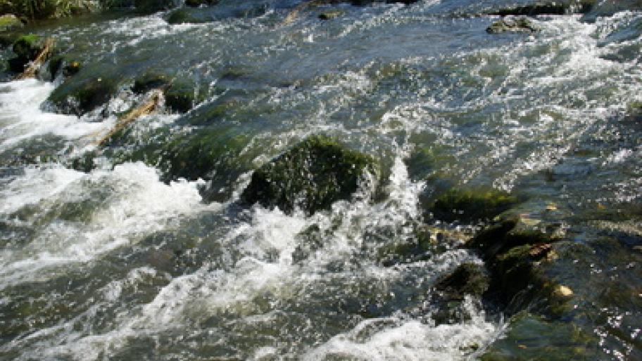 Detailaufnahme eines Flusslaufes, das Flusswasser fließt sprudelnd und spritzend eine kleinen Absatz aus größeren Feldsteinen, die im Flussbett liegen, hinab  