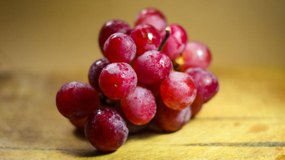 Rebe mit roten Weintrauben liegt auf einem Holztisch