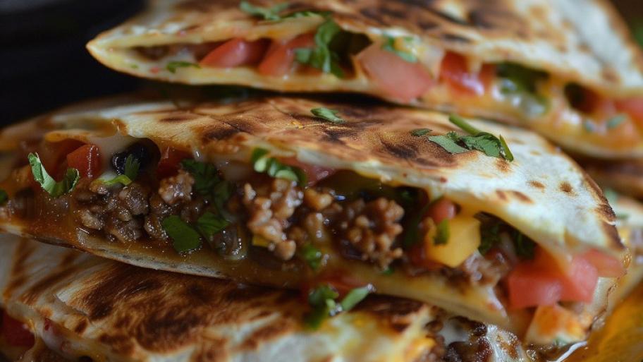 Tortillas mit Hackfleischfüllung, Tomate, Salat und Zwiebeln; zugeklappt