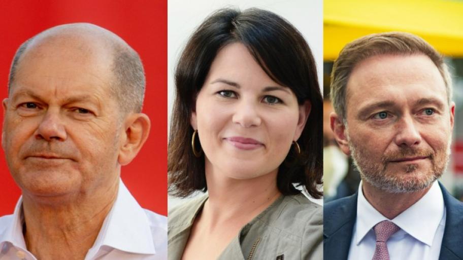 Porträt von links nach rechts von Olaf Scholz (SPD), Annalena Baerbock (Die Grünen) und Christian Lindner (FDP)