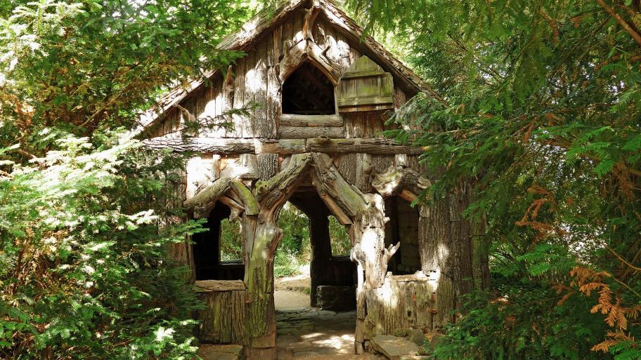Eine Hexenhütte steht mitten im Wald. 