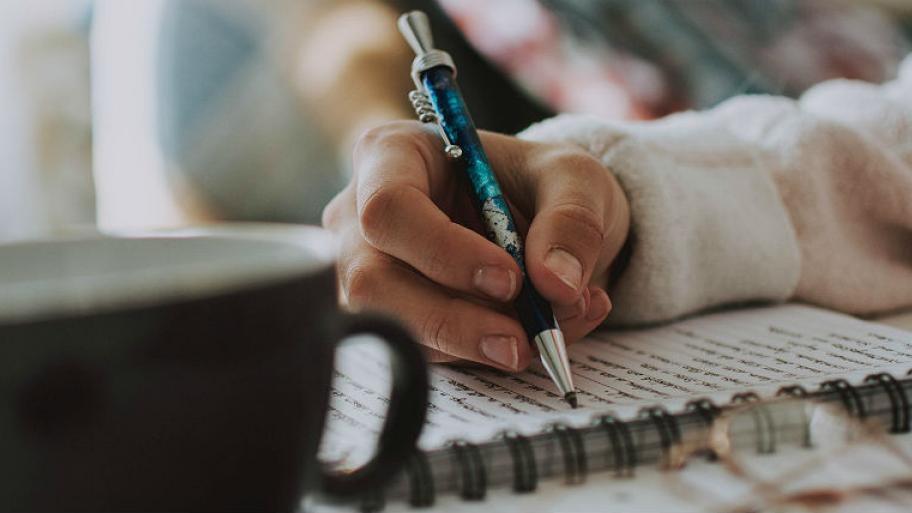 Eine Hand hält einen Stift und schreibt in ein Tagebuch. 