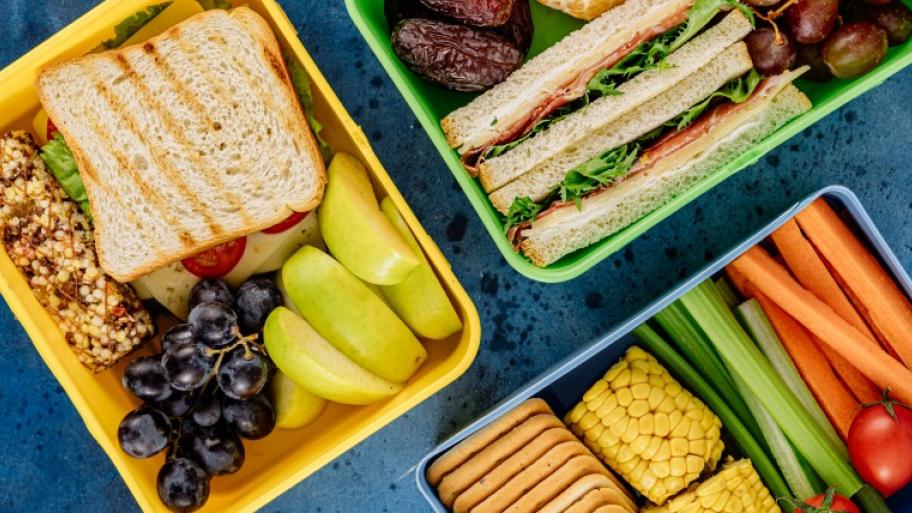 mehrere bunte Kunstoff-Brotdosen nebeneinander, gefüllt mit verschiedenen Pausensnacks wie Sandwiches, Müsliriegel, Obst, Gemüse, Krackern