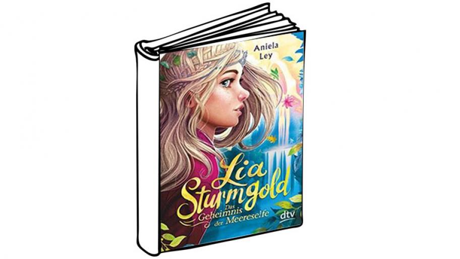 hier ist die Illustration einer Elfe zu sehen, sie ist blond und hat lange Haare, die vom Wind verweht werden. Im Hintergrund ist ein magisch aussehender Wasserfall zu sehen. 