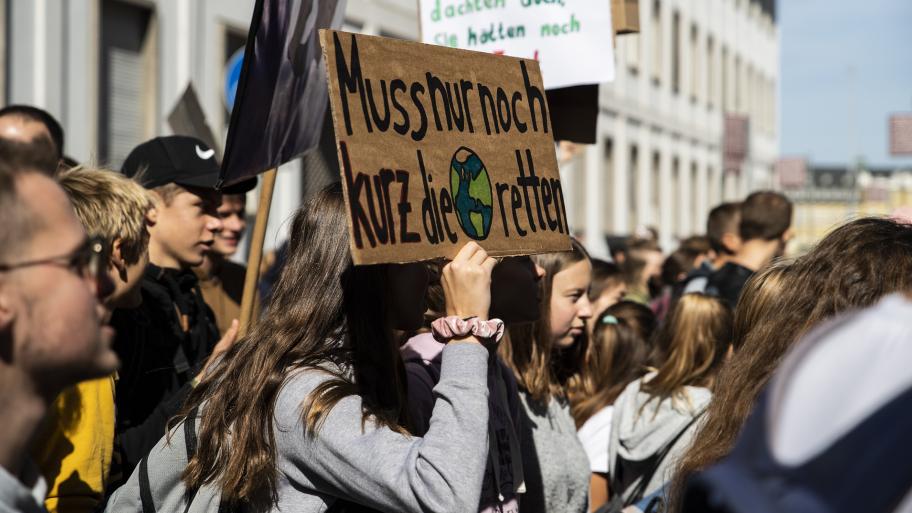 eine Menge Demonstrierender bei einem Klimastreik, Plakat mit Aufschrift "Muss nur noch kurz dei Welt retten" zu sehen