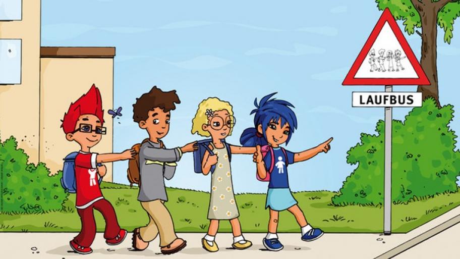 Zeichnung: 4 Kinder auf dem Weg zur Schule, sie laufen auf dem Bürgersteig, ein Kind fast dem vor ihm an die Schulter 