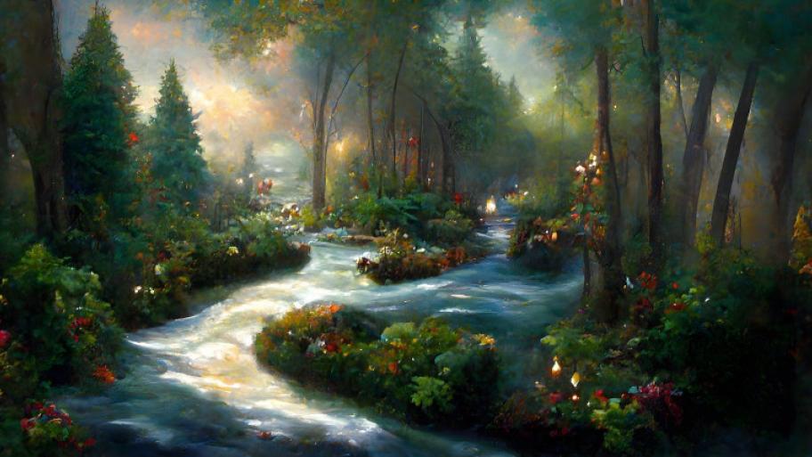 Zauberwald, der durchzogen wird von einem Fluss; viele bunte Blumen wachsen ab Flussufer und die Sonne scheint durchs Blätterdach