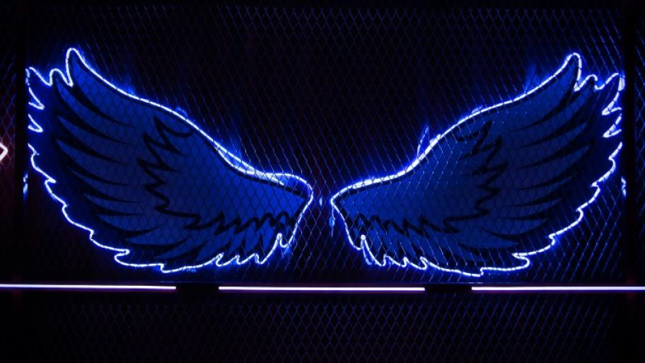 Flügel aus Neonlicht vor einem dunklen Hintergrund.