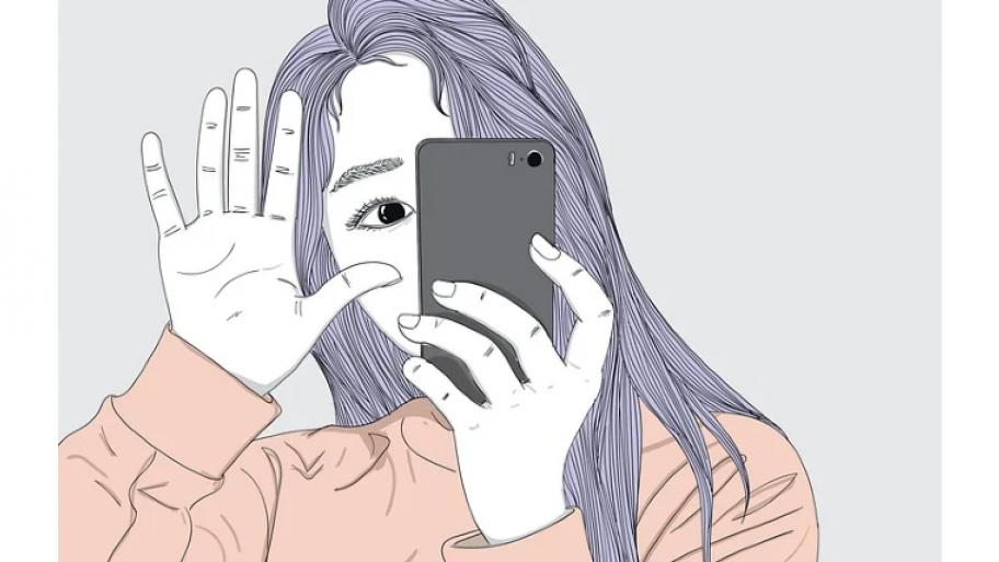 ein gemaltes Bild von einem Mädchen mit einem Smartphone, dass die Hälfte ihres Gesichts verdeckt ist zu sehen