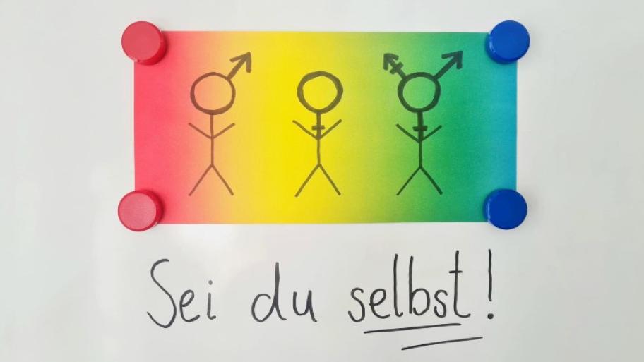 Drei Strichmännchen auf Regenbogenhintergrund. Die Köpf der Zeichnungen bilden die drei Geschlechtssymbole männlich, weiblich und trans. Darunter steht "Sei du selbst".