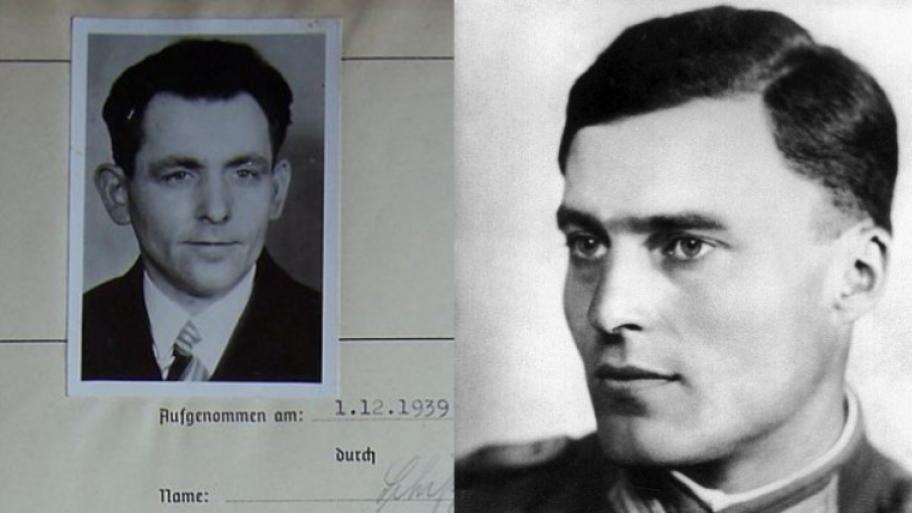 schwarz-weiß Porträts, links Bild von Georg Elser aus der Akte der Geheimpolizei "Gestapo", rechts Claus Schenk Graf von Stauffenberg