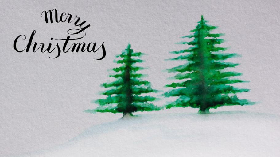 Tannenbäume auf Aquarellpapier, Schriftzug: Merry Christmas
