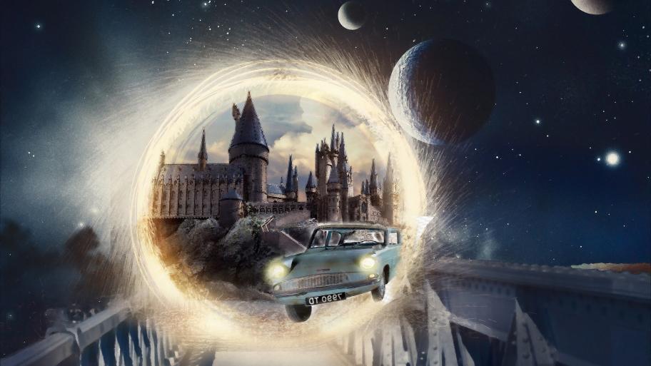 Ein Portal hinter dem man Hogwarts erkennen kann. Außerdem ein fliegedes Auto. 