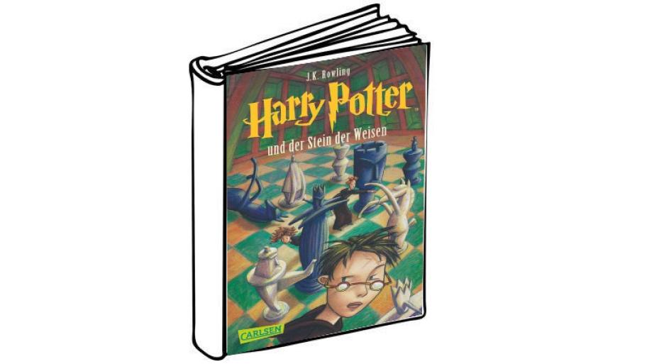 Harry Potter gezeichnet mit Narbe auf der Stirn und Brille; vor einem Schachfeld mit Schachfiguren