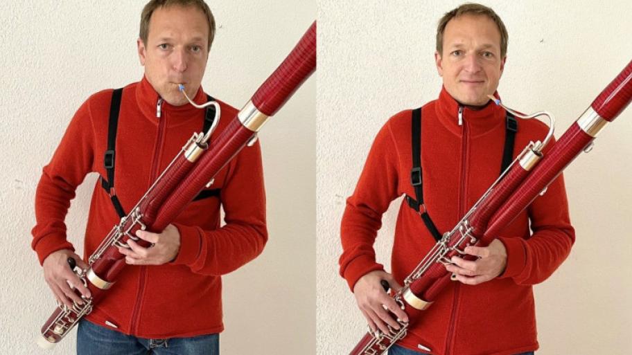 Fotocollage mit zwei Fotos des Fagottisten Hendrik Schütt vom DSO Berlin, links steht er mit seinem Instrument in der Hand und spielt darauf, rechts steht er mit seinem Instrument in der Hand und lächelt in die Kamera