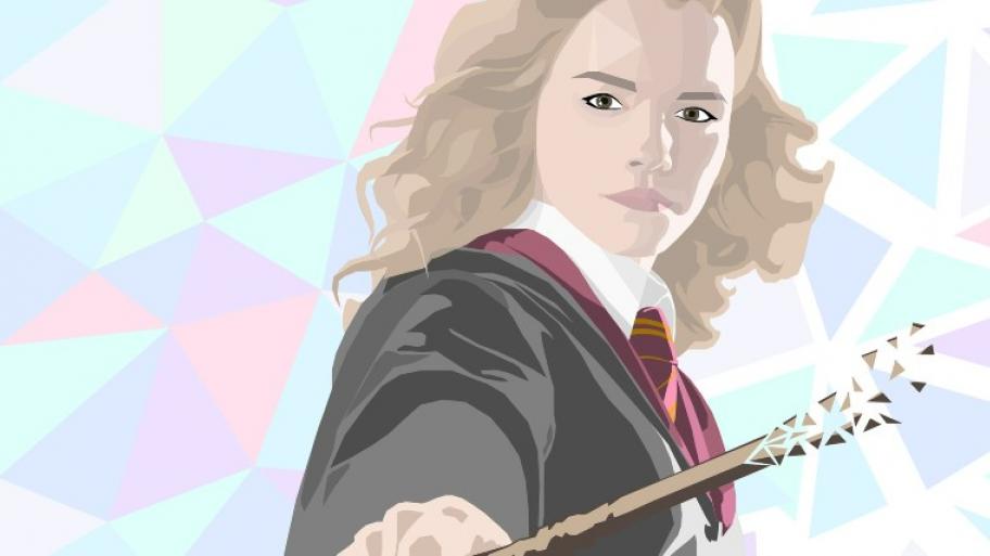 Grafik der Harry-Potter-Figur Hermine Granger im typischen Gryffindor-Outfit, offenen, blonden Haaren und Zauberstab in der rechten Hand, der Arm ist ausgestreckt