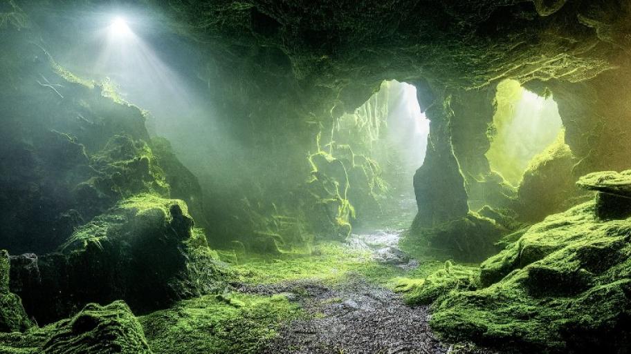 Das Bild zeigt eine Höhle mit Sonnenstrahlen.