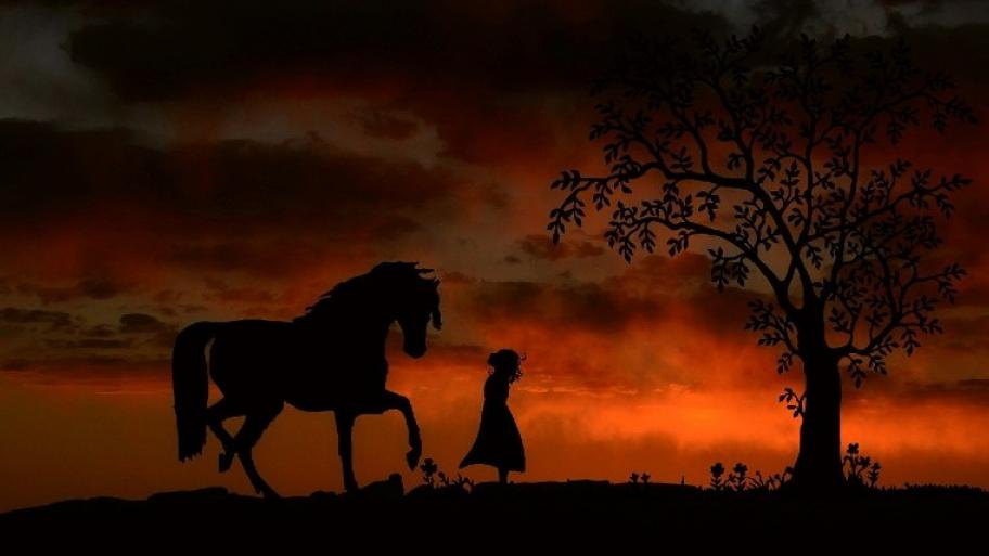 vor einem orangenen Sonnenuntergang stehen sich die schwarzen Silhouetten eines Mädchens im Kleid und eines Pferdes gegenüber, daneben ein Baum 