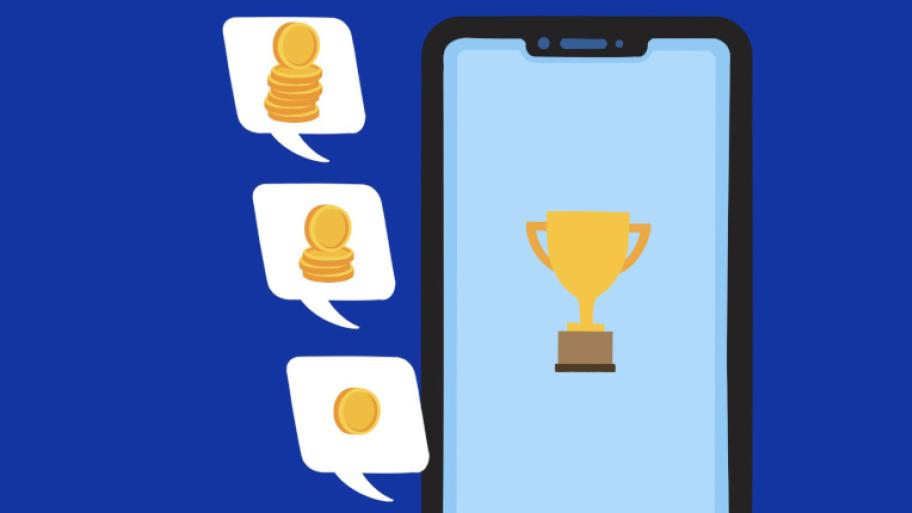 Illustration eines Smartphones, auf dem Bildschirm ist ein gelber Pokal zu sehen; Sprechblasen schweben neben dem Bildschirm, in den Sprechblasen sind Münzen gestapelt