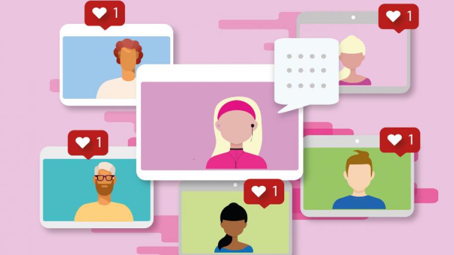 Rosa Hintergrund mit weißen Computer Bildschirmen und animierten Menschen darauf, die Likes verteilen und chatten