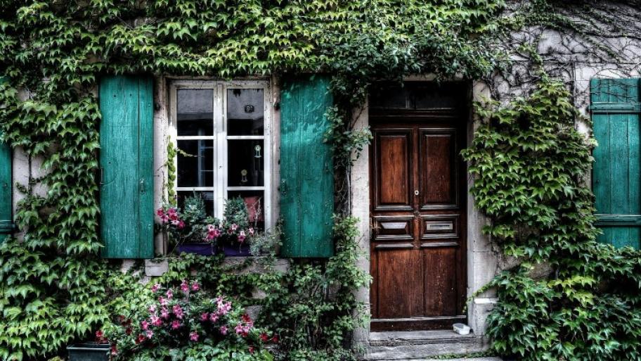 Fassade eies alten, mit Efeu bewachsenen Hauses, zu sehen sind die hölzerne, braune Haustür, links daneben ein weißes Sprossenfenster mit grünen Fensterläden