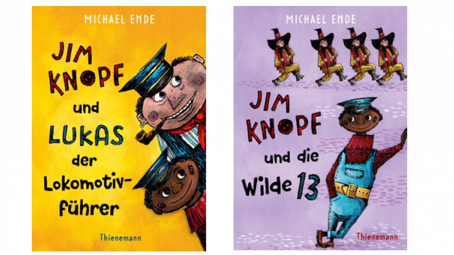 zwei Buchcover von Jim Knopf Büchern. Beide haben Zeichnungen des Schwarzen Jungen Jim Knopf drauf 