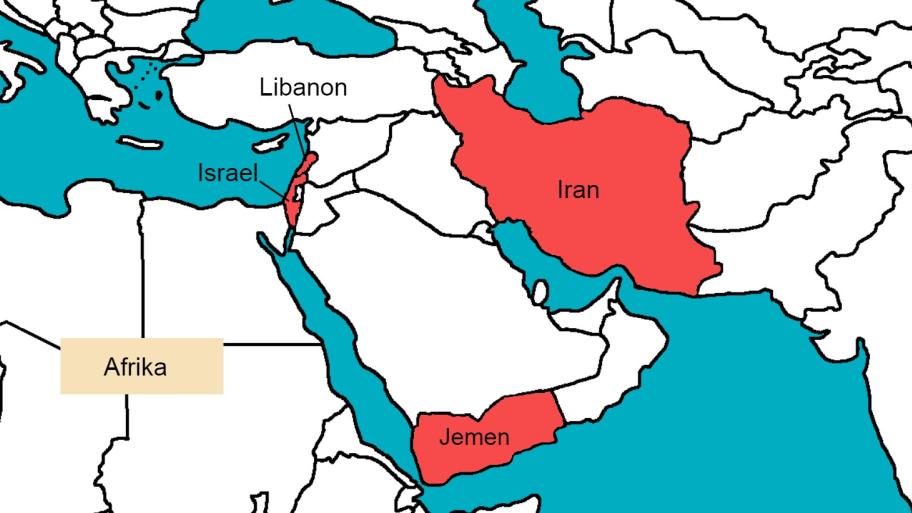Eine Karte des Mittleren Ostens. Rot eingefärbt sind die Länder Israel, Libanon, Jemen und Iran.