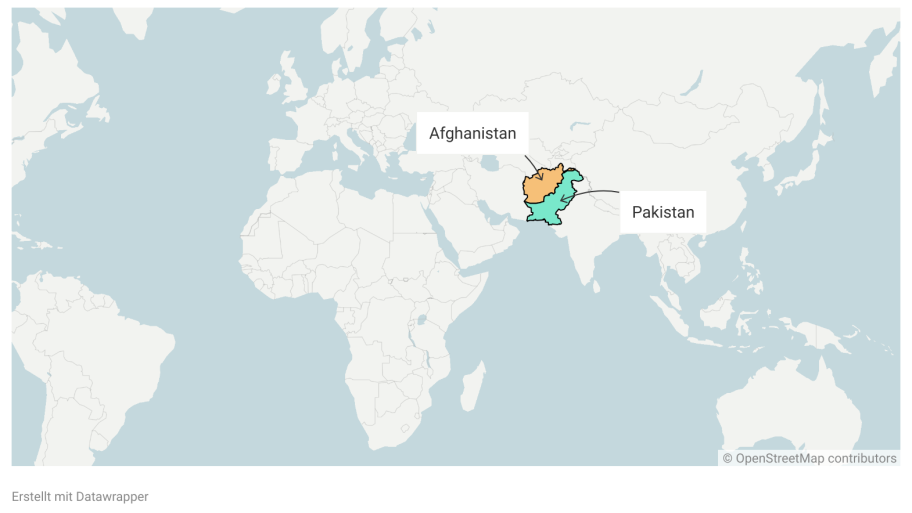 Eine Weltkarte, auf der die Länder Afghanistan und Pakistan eingezeichnet sind.