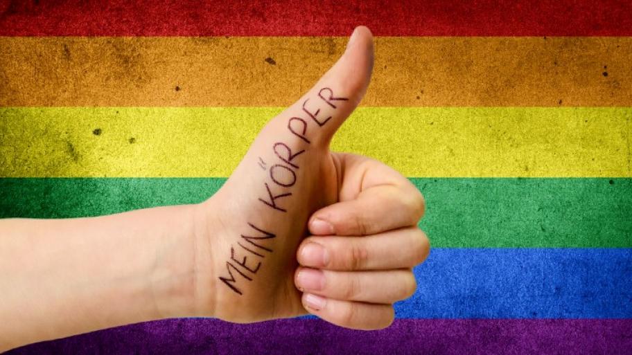 eine Regenbogenfahne als Hintergrund, davor ein Arm, die Hand mit hochgestrecktem Daumen, auf der Hand steht "Mein Körper"