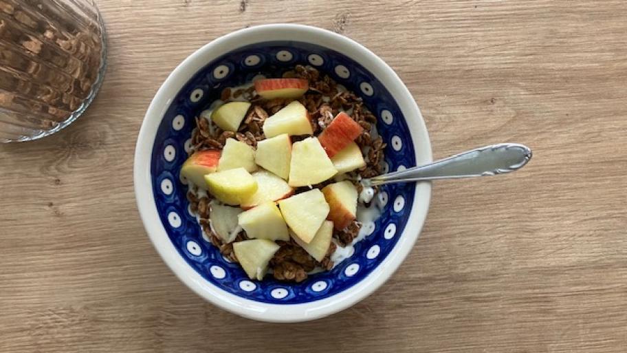Das fertige Müsli in einer Schüssel mit Jogurt und geschnittenen Äpfeln. 