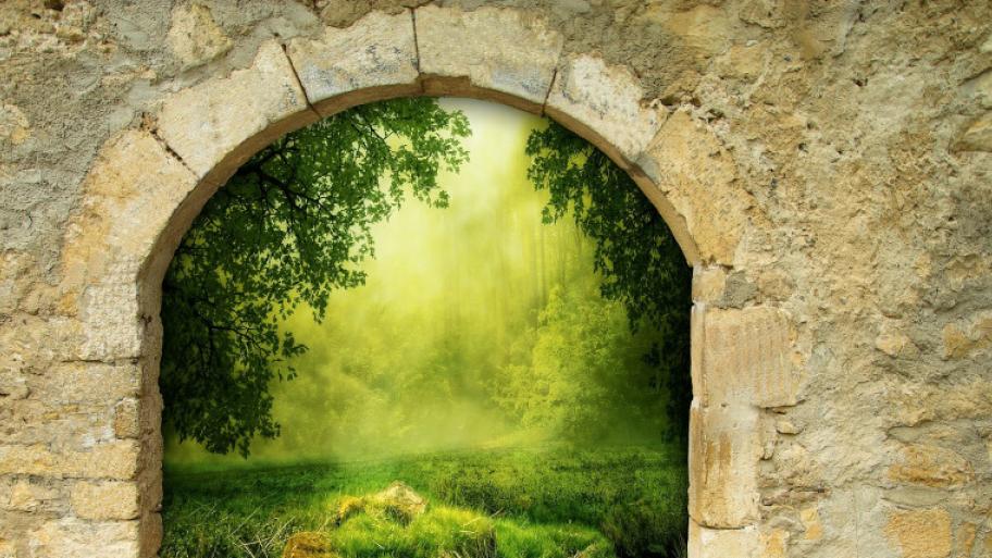 Portal in Steinmauer: dahinter grüne wiesen, Bäume und grünes Licht