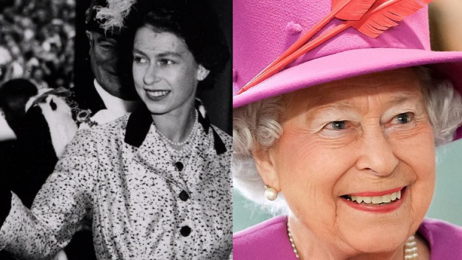 Links ist ein Bild von der Queen, als sie 25 Jahre alt war. Sie lächelt. Ihre dunklen Haare und ihre weiß-schwarz gepunktetes Kleid sind in schwarz-weiß. Recht ist das alte Gesicht der Queen zu sehen. Sie trägt einen pinken Hut, hat weiße Haare und lächelt.