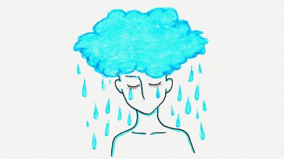 Zeichnung: Eine Wolke, die regnet am Kopf eines Mädchens 