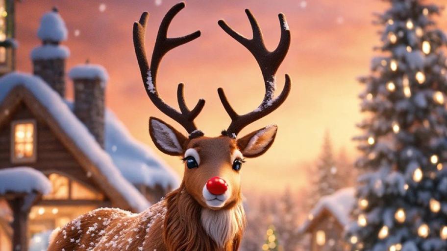 eine Illustratzion von einem Rentierkopf, das Rentierr hat eine leuchtnd rote Nase, im Hintergrund steht ein Weihnachtsbaum und es schneit