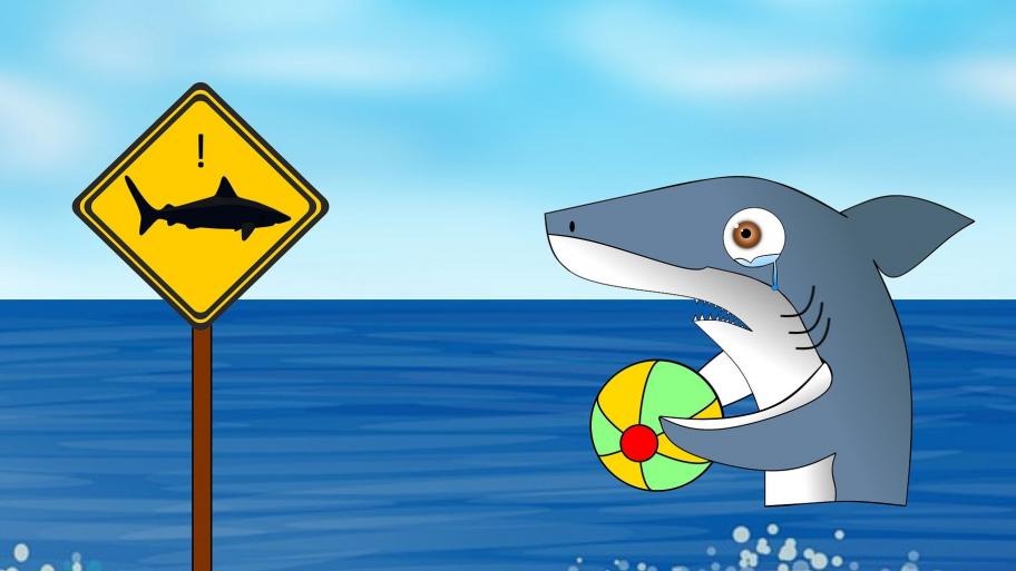 Illustration: Hai im falschen Meer; Schild zeigt: Haie verboten