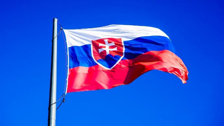 Flagge der Slowakei vor blauem Himmel