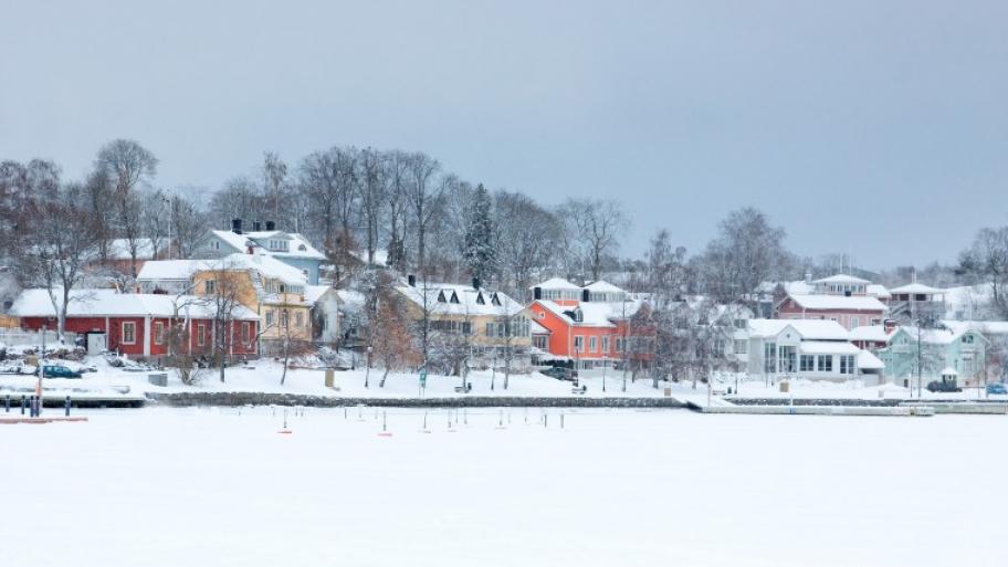 ein kleines Dorf an einem See gelegen, die Häuser aus Holz, der See zugefroren, alles ist schneebedeckt