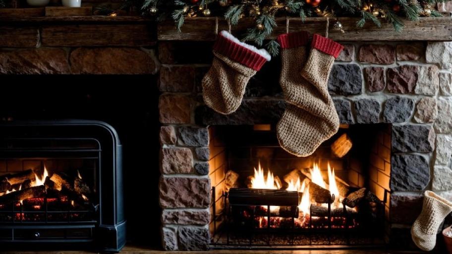 Zu sehen sind zwei Weihnachtssocken, die an einem brennenden Kamin hängen.