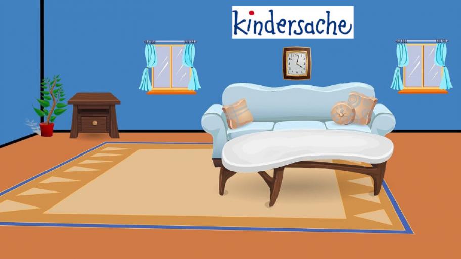 Illustration eines Wohnzimmers mit Sofa in der Mitte, großer Teppich, links eine Pflanze und kleiner Abstelltisch, blaue Wandfarbe