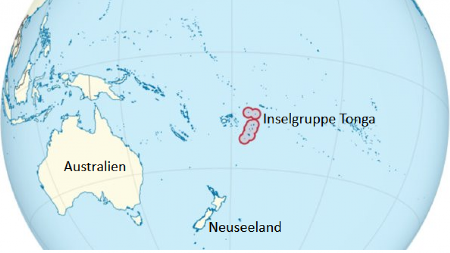 Globuskarte: zeigt den Südpazifik mit Australien, Neuseeland und der Tonga-Inselgruppe.