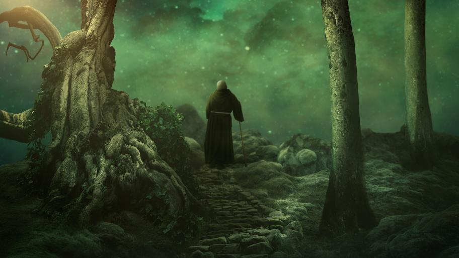 Zwischen alten Bäumen steht ein alter Zauberer und schaut in einen grünen Himmel. 