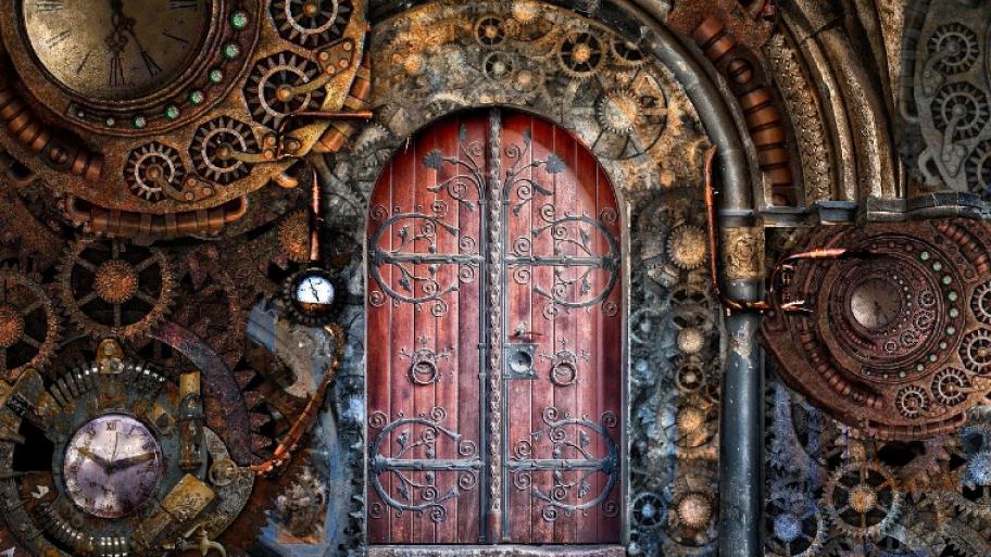 eine geheimnisvolle Tür mit Uhrrädern