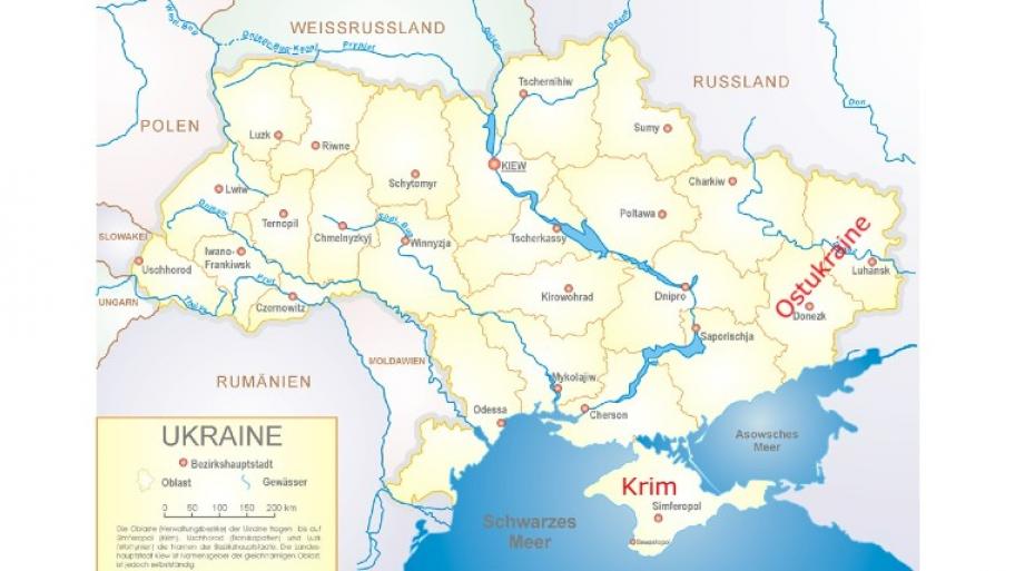 eine geographische Karte der Ukraine mit Kennzeichnung der größeren Städte und der Nachbarländer, besonders gekennzeichnet sind in rot die Krim und die Ostukraine