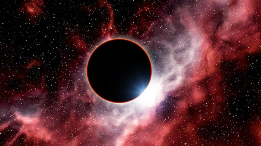 Planet schwebt in einem Universum, was durchzogen ist von vielen Sternen. Das Licht scheint rot. 