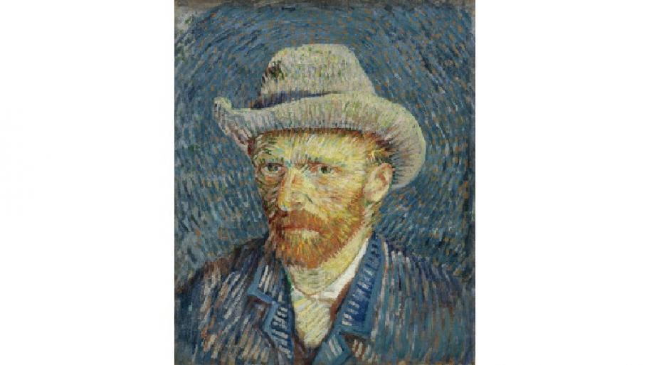 ein Selbstporträt von Vincent van Gogh, er trägt eine blaue Jacke und einen grauen Hut, der Hintergrund ist ebenfalls in blau gehalten