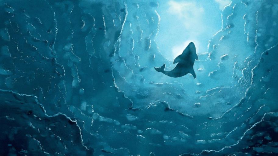 Eine Illustration von einem Wal im Meer von unten. Über dem Wal schimmert die Sonne durch das Wasser.