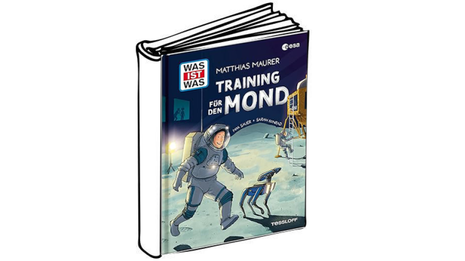 Buchcover mit Mann, welcher im Schutzanzug mit Roboter über den Mond läuft