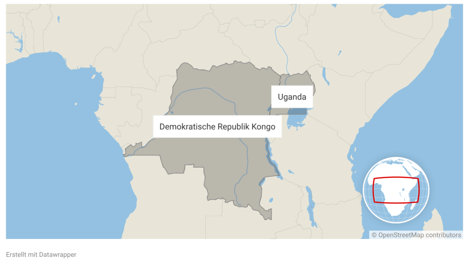 Eeine Karte von Zentralafrika zeigt die Demokratische Republik Kongo und Uganda.